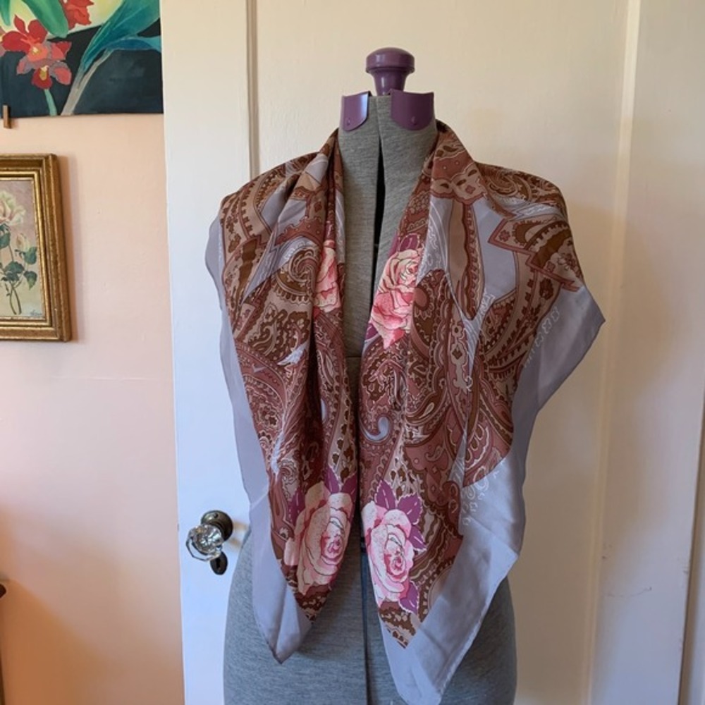 Vintage Floral Paisley Square Scarf Lavender Pink Brown Large 33"